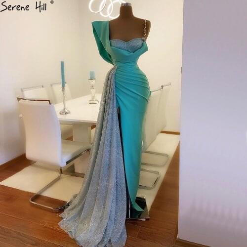 Serene Hill Mint Mermaid Split Evening Dresses Gowns 2021 Diamon One Shoulder Sexy For Women Party LA70875