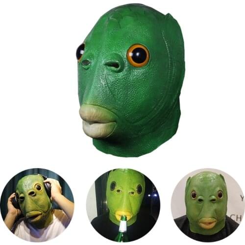 Funny Green Fish Animal Latex Headgear Mask Furry Gloves Halloween Cosplay Props N58F