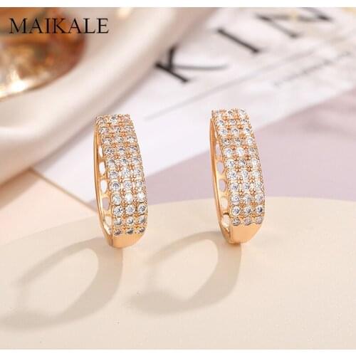 MAIKALE Simple Hollow Stud Earrings Three Rows Cubic Zirconia Gold/Silver Color Korean Earrings for Women Jewelry Party Gifts