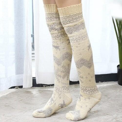 Women Christmas Snowflake Elk Long Stockings Winter Warm Knit Over Knee Socks
