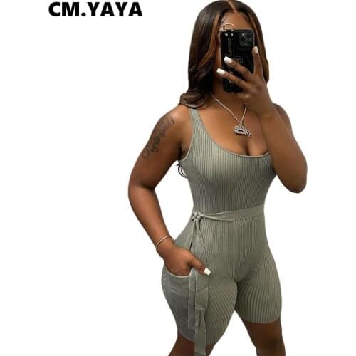 CM.YAYA Women Playsuit Solid Sleeveless O-neck Strechy Bodycon Playsuits Bandage Sashes Fasion Romper Overalls Summer Outfit
