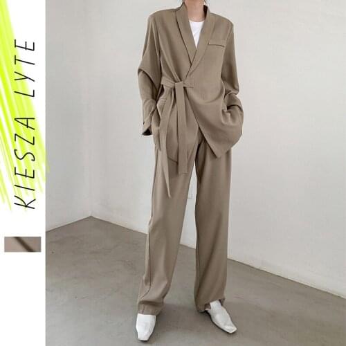 Two Piece Set Women Blazer and Pants Suit Lace Up Matching Sets Office Lady 2021 Autumn Outfits