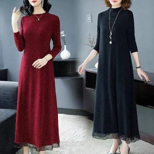 All-In-One Velvet Bright Silk Dress Women 2021 New Knitted Thickened Dress Female High Elastic Winter Long Dresses Elegant 536