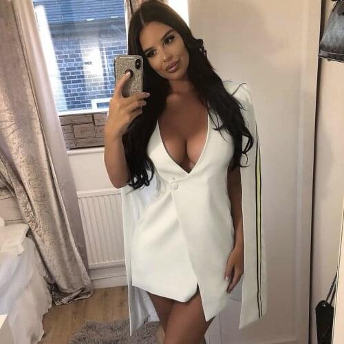 Super Posh Striped Cloak Sleeve Feminine Mini Blazer Dress Long Sleeve Deep V Neck Back Slit Bodycon Party Dress