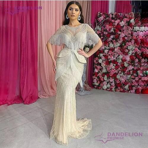 Dubai Tassel Beading Mermaid Evening Dress For Women 2021 Half Sleeves Luxury Sexy Formal Party Gown