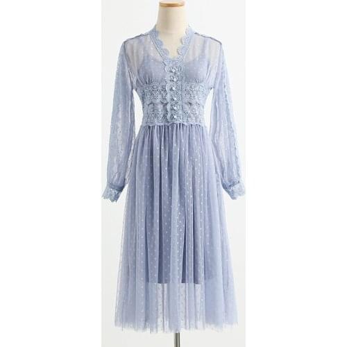 Spring Autumn Lantern Sleeve V-neck Crochet Mesh Dress Women Sweet Hook Flower Hollow Pearls Dresses Gauze Dots Two Peices Sets