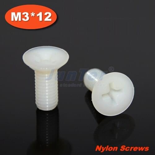 100pcs/lot DIN965 M3*12 Nylon Machine Phillips Flat Head (Cross recessed countersunk head screws) Screw