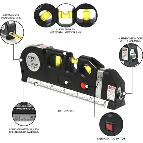 3 in1 Laser Level Cross Line Ruler W/ Measuring Plumb/Level/45-Degree Locking 8-foot Measuring Tape Perfect For Hanging Pictures
