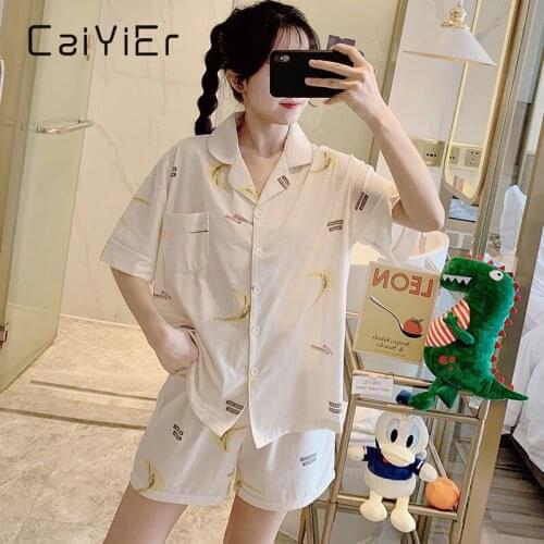 Caiyier Sweet Moon Pajamas Set Summer Short Sleeve Top With Elastic Waist Shorts Home Wear Ladies Loose White Simple Nightwear