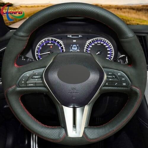 DIY Hand-Stitched Black Leather Suede Steering Wheel Cover For Infiniti Q50 17-19 Q60 15-19 QX50 18-19 Car Interior Accessories