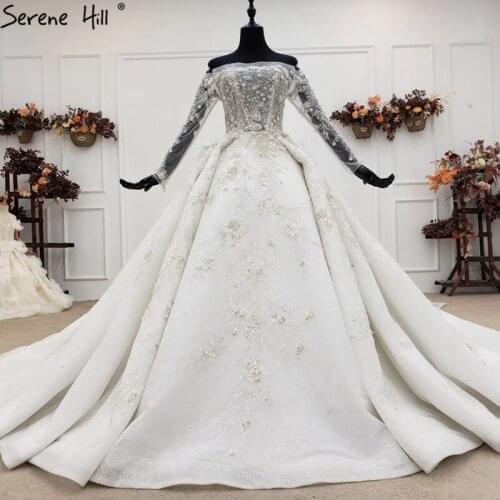 Ivory Off Shoulder Sexy Dubai Wedding Dresses 2020 Long Sleeves Beading Pearls Luxury Bridal Gowns HX0195 Custom Made