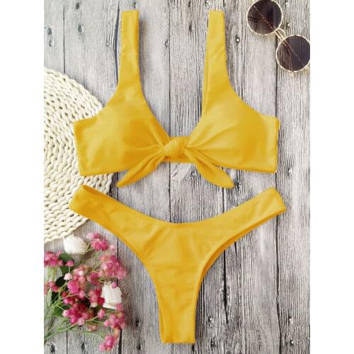 2019 New Bikini Knotted Padded Thong Bikini Set Women Swimwear Swimsuit Scoop Neck Solid High Cut Bathing Suit Brazilian Biquni