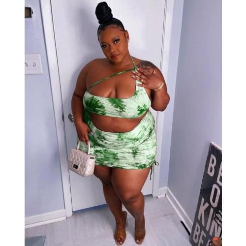 New Style Plus Size Fashion Womens European and American Sexy Sling Tube Top Halter Folds Buttocks Tie-Dye Two-Piece Skirt