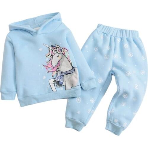 Baby Girl Clothes 2021 New Autumn Winter Casual Children Set Cotton Brand Toddler Sky Blue Unicorn Print Shirt + Dot Blue Pants