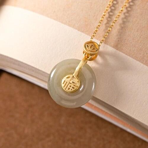 Original New silver inlaid natural Hetian Qingyu Fu character round safety buckle Pendant Necklace Chinese womens brand jewelry