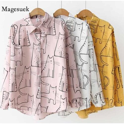 Autumn Cute Cat Print Shirt Female Loose Casual Blosues 2020 Vintage Fashion Women Long Sleeve Shirts Girl Ladies Tops 6828 50