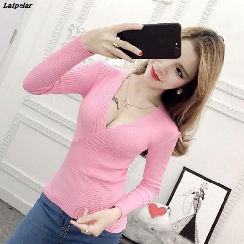 Sexy Women Low Cut Deep V-neck Knitted Pullovers Long Sleeved Slim Cross Sweaters knitted Shirts Causal Tops 2020 New Arrival