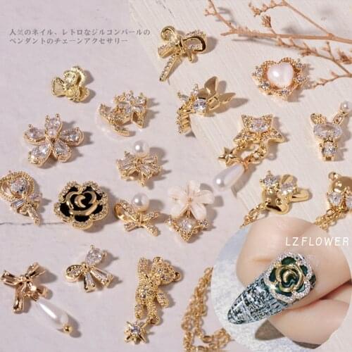 Luxury 3D Bow Flower Chain Pendant Metal Zircon Crystals Rhinestones Pearl Nail Art Jewelry Decorations Nails Accessories Charms