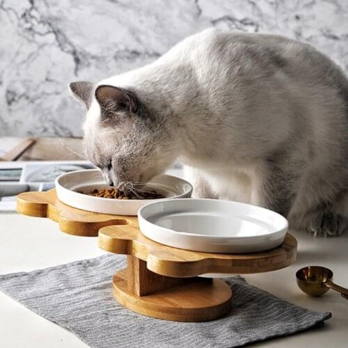Detachable Pet Ceramics Double Food Bowls Bamboo Holder Cat Feeder Puppy Dog Feeding Dishes