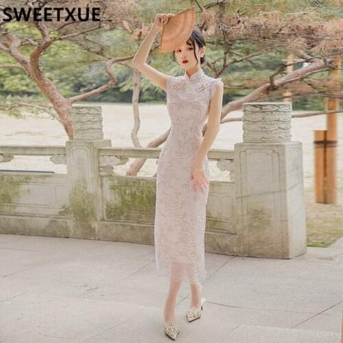 SWEETXUE Sleeveless Lace Party Elegant Temperament Slim Party Dress Heavy Embroidery Retro Girl Improved Cheongsam Dress Summer