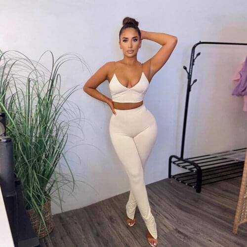 U-CN summer tracksuit women fitness matching set sleeveless v-neck blackless bra+leggings solid elastic sporty casual outfits