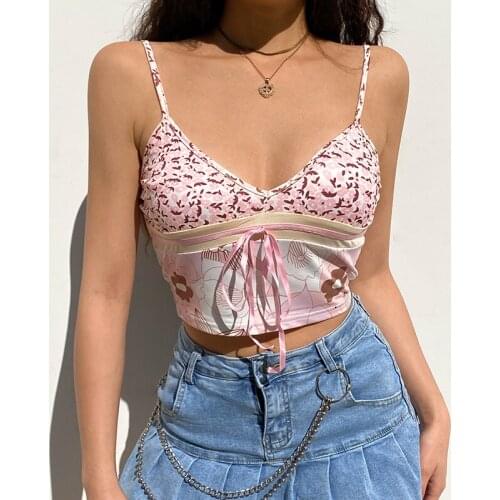 IAMSURE Patchwork Floral Print Bustier Crop Top Sweet Girl Bow Deep V Neck Spaghetti Straps Y2K Aesthetic Casual Party Clubwear