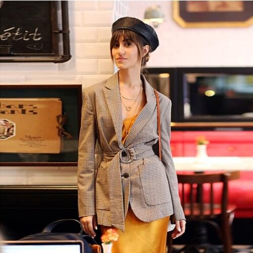 High Quality Plaid Houndstooth Blazer Women Long Sleeve Slim Jackets Coats Female Office Ladies Vintage Spring Autumn Outerwear