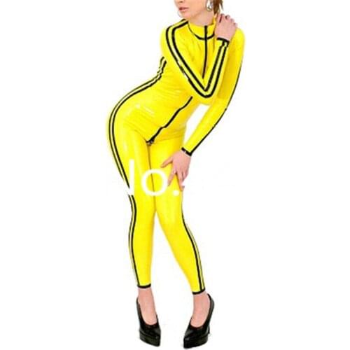 Yellow Latex Catsuit Rubber Bodysuit with Front Zip Black Trim Jumpsuit Custom Made Halloween Cosplay Costume Party Wear