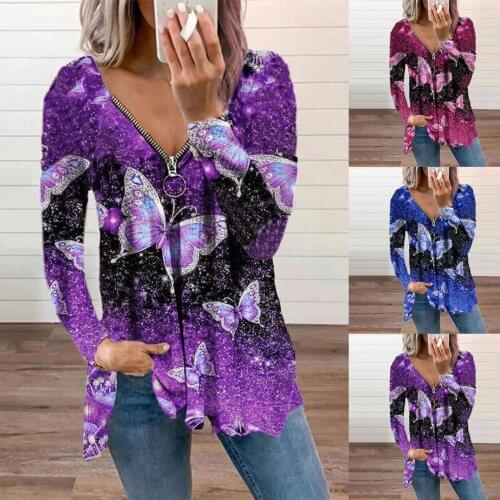 Zipper Ladies T-shirt Oversized Butterfly Print Long Sleeve V-neck Top Tee 2021 Autumn New Womens Clothing Casual Loose Pullover