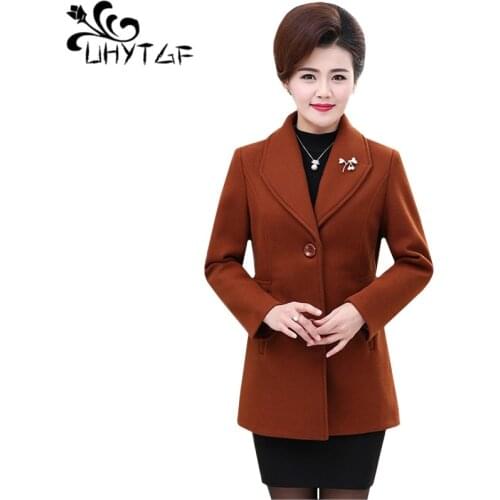 UHYTGF XL-5XL Plus Size Jacket Women New Fashion Autumn Winter Wool jacket Lapel Slim Elegant Female Short Woolen Outerwear 1156