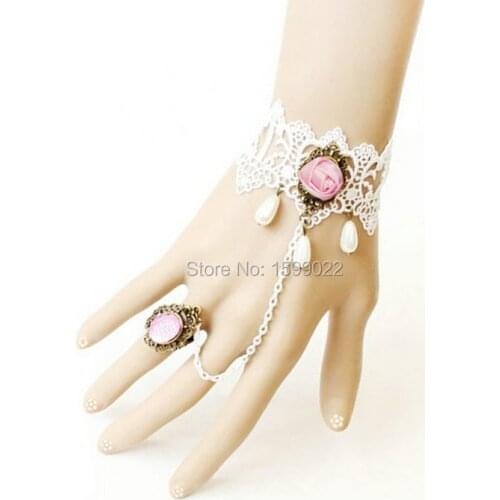 Gothic Lolita Pink Rose Charm White Lace Bracelet with Ring Chain Graduation Party Hand Accessories Latin Dance Wear for Women