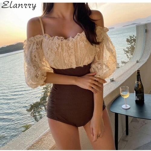 Women One Piece Off Shoulder Swimsuit Sexy Lace Short Sleeves Padded Swimwear 2021 Newest Monokini Vintage