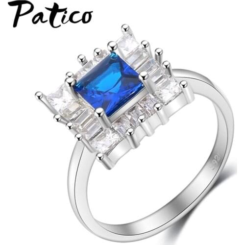 New Design 925 Sterling Silver Wedding Band Rings Jewelry Square Blue Austrian Crystal Engagement Bague for Women