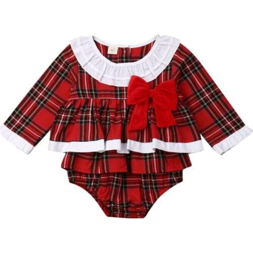 0-24M Christmas Baby Girl Rompers Newborn Infant Girl Red Xmas Costumes Plaid Ruffles Jumpsuit Long Sleeve Clothes Autumn Outfit