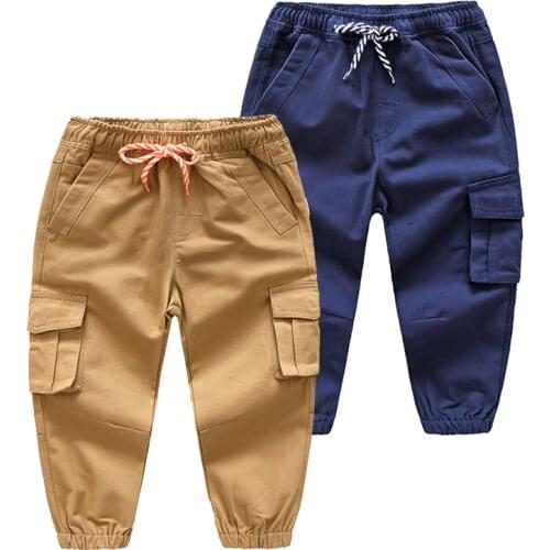 2021 Spring Autumn Casual 3 4 6 8 10 Years Childrens Solid Trousers Big Pocket Drawstring Long Cargo Pants For Kids Baby Boys