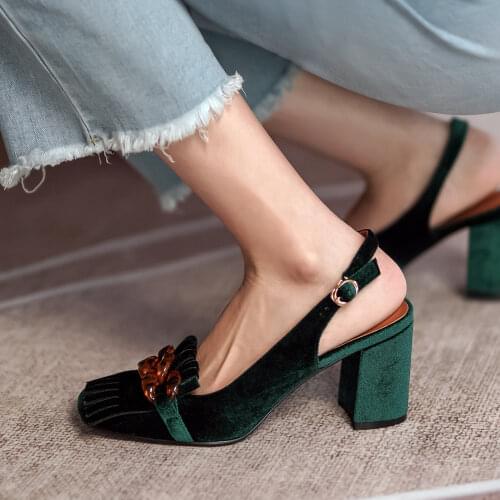Summer Fashion Genuine Leather Women Pumps Chunky Heels Woman Designer Shoes Ladies Sandals Round Toes High Heels Green 33-40