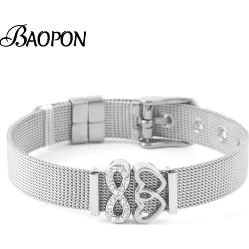 Endless Love Charms Stainless Steel Mesh Bracelet Set Double Heart Charm Brand Bracelet Bangle for Woman 2020 New Year Gift