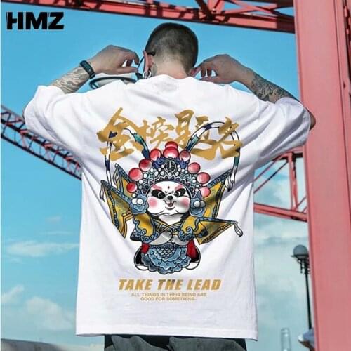 HMZ Tees Shirts Chinese Style Cartoon T Shirt Half Sleeve Harajuku Tshirts Hip Hop Streetwear T-Shirts Cotton Loose Tops Men