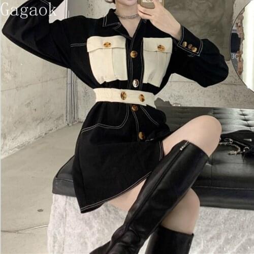 Gagaok Vintage Dresses Women 2020 Spring Autumn New Patchwork Pockets A-Line Notched Mini Dress Slim Sexy Wild Fashion Vestidos