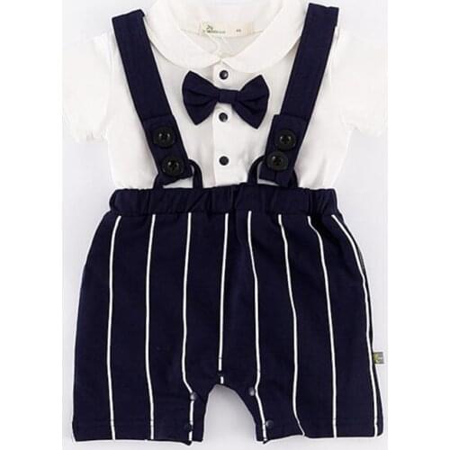 Bebe Boys Summer Clothes Gentleman Wedding Boy Suits with Gentle Bow-Tie One Piece Bib Pants Overalls Infant Striped Romper