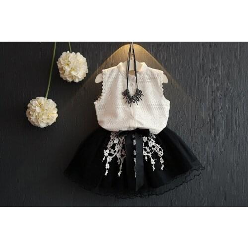 Thunderers Fashion Baby Girls Summer Clothes Suit Lace White Shirt + Flower Embroidery Black Mesh Skirt 2pcs Kids Clothing Set