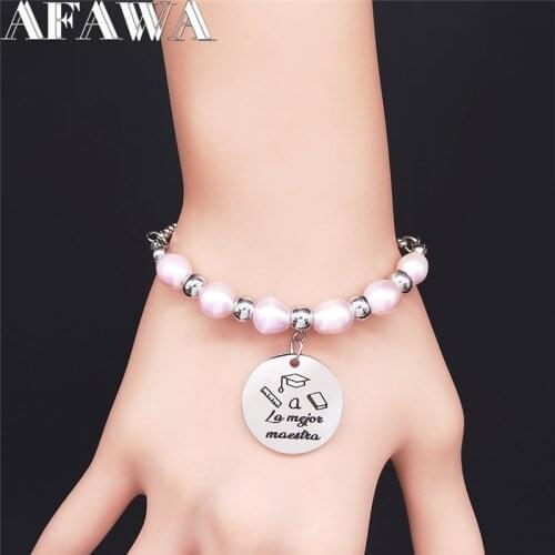 Round Stainless Steel Pink Freshwater Pearl Charm Bracelets Silver Color a lamejor maestra Bracelets Bangles Jewelry joyas BXS01
