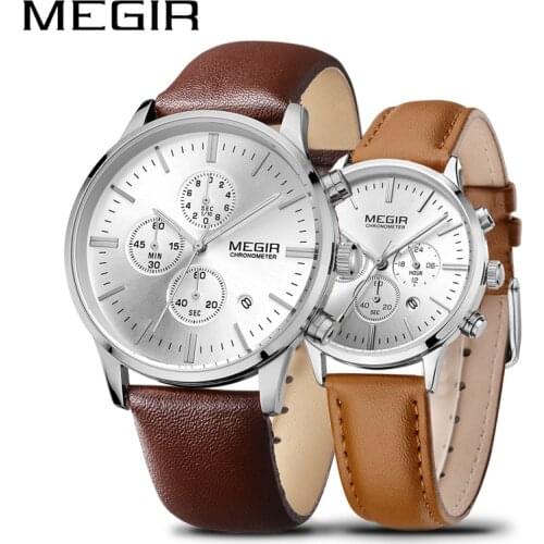 MEGIR Luxury Brand Watch Men Causal Leather Couple Wacthes for Lovers Waterproof Chronograph Wrist Watch Set Man Zegarek Meski