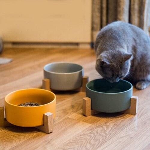 Dog Cat Feeding Bowl Ceramic Cat Dog Bowl Elevated Raised with Wood Stand Pet Food Water Bowl Tableware Bamboo Frame Antiskid