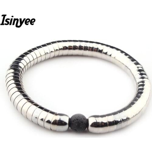 ISINYEE Fashion Black Lava Stone Bracelet Femme For Women Stainless Steel Beads Bangles & Bracelets Friendship Mala Jewelry