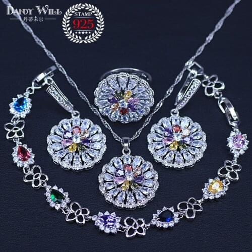 Classic Colorful flower Cubic Zirconia Silver Color Women Wedding Jewelry Set Ring Size 6/7/8/9/10 Free Gift Box T48