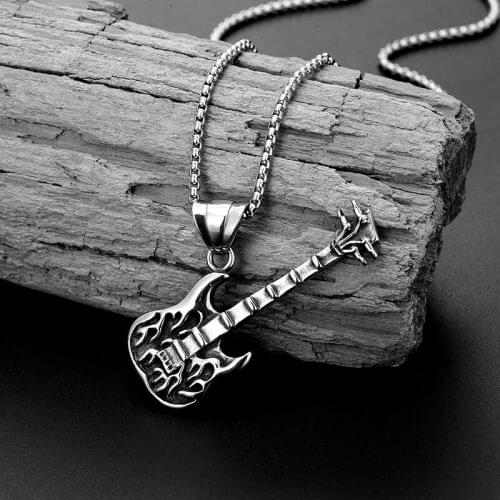 Hot classic Stainless Steel Casting Guitar Pendants Necklace For Men woman‘s Hip hop rock Pendants Sweater chain Halloween gifts