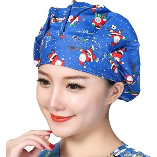 Christmas Cartoon Printed Scrubs Caps Cotton Sweatband Bouffant Hats Adjustable Bandage Work Wear Beauty Salon Caps Accessories