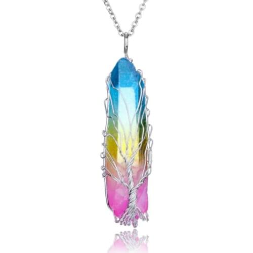 PiercingJ Natural Stone Crystal Pendant Quartz Repair Crystal Pendulum With Tree Lifeline Wrapped Gem Pendant Necklace Jewelry