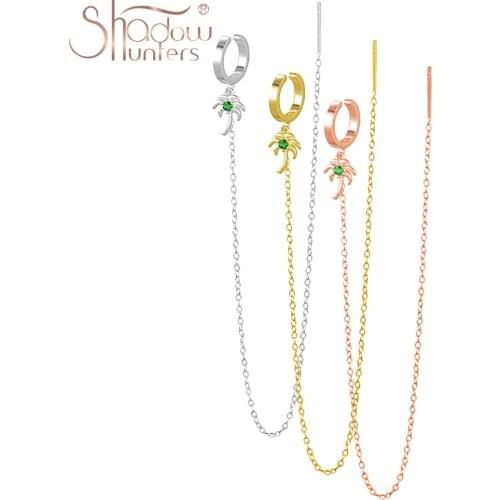 SHADOWHUNTERS Original 925 Sterling Silver Jewelry Women Earrings Line Chain Ear Cuff With Coconut Tree Charm Clip Ear Piercing